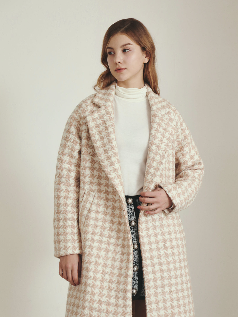 Mellow Hound Tooth Check Coat _ Beige