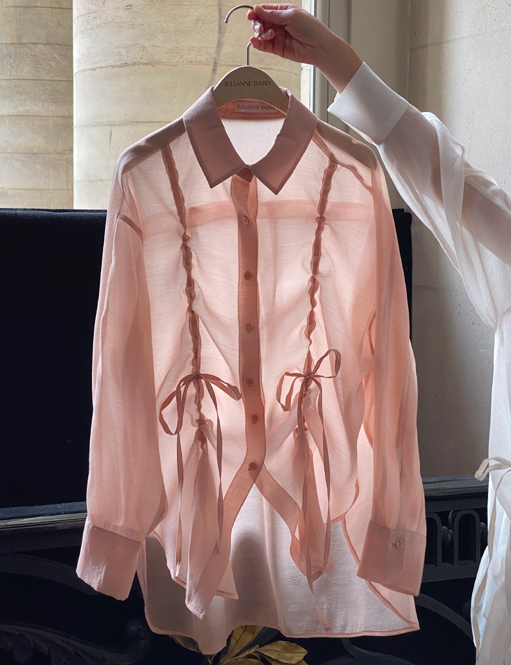 Dreamy Organza Shirring Blouse_ Peach Pink